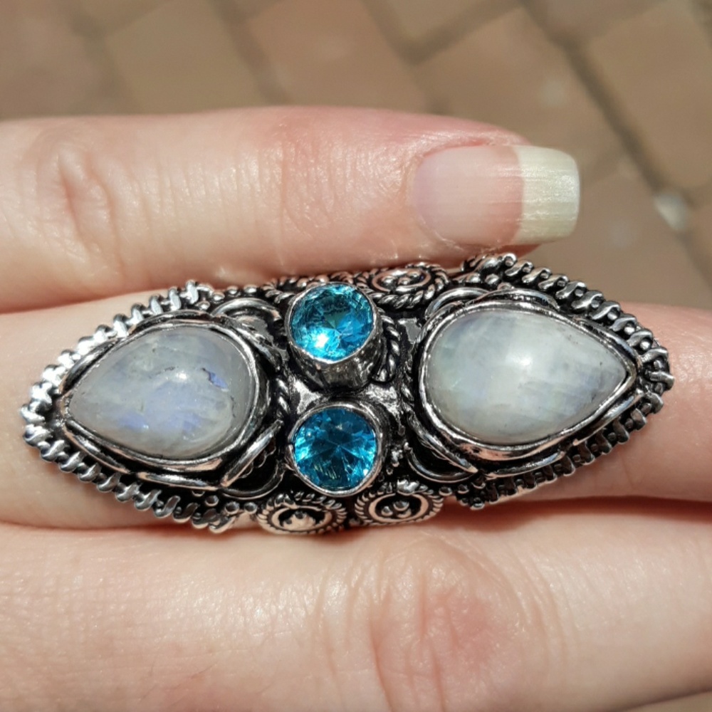 New Rainbow Moonstone & Blue Topaz 925 Silver Statement Ring.